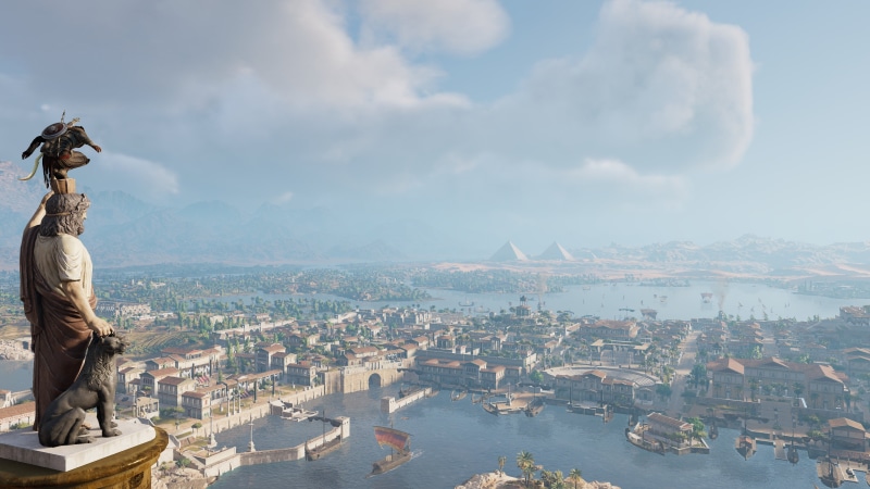 Assassins Creed: Origins, building exterior, no people, water, city, nature, Egypt, travel destinations, religion, day, landscape, pyramid, craft, statue