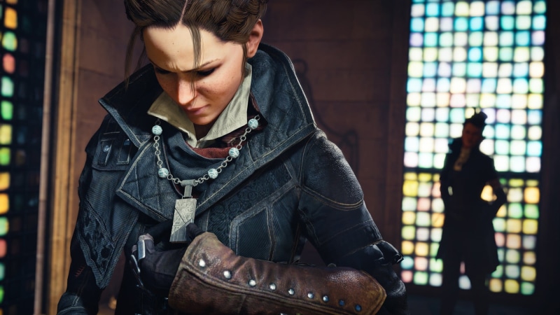 front view, casual clothing, leather jacket, Ubisoft, teenager, Assassins Creed Syndicate, blue, wearing, one person, lifestyles, architecture
