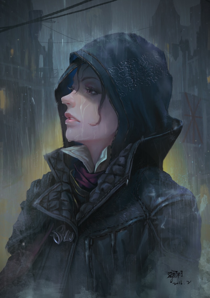 wet, Evie Frye, portrait, rainy season, one person, water, leisure activity, warm clothing, clothing, headshot, young women, hood,  Assassins Creed Syndicate