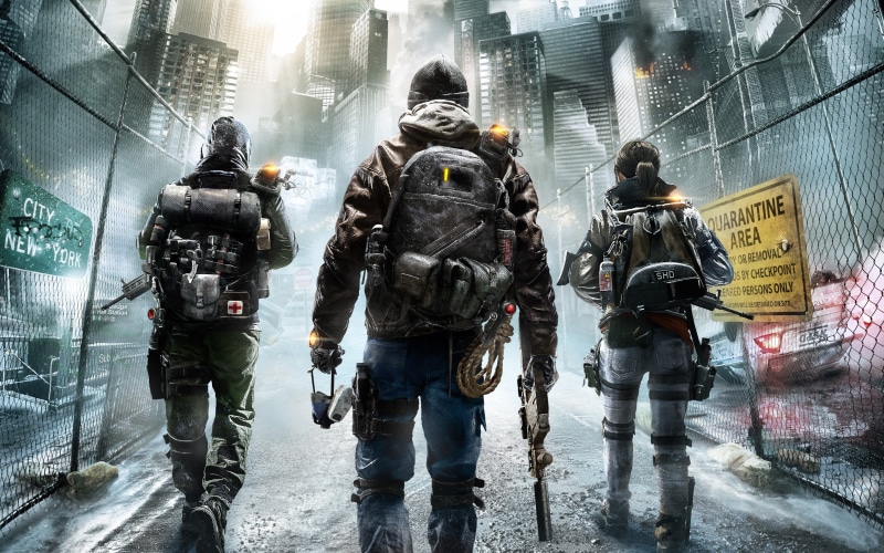backpack, built structure, black, Ubisoft, water, group of people, walking, protection, wet, rear view, outdoors, real people, uniform, city, safety, s
