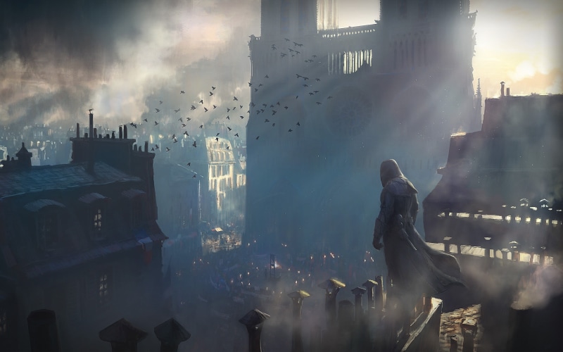 sky, pollution, people, real people, building exterior, smoke - physical structure, building, creed, office building exterior, cityscape, video games, nature