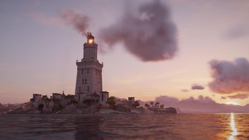 sunset, Assassins Creed, cloud - sky, sea, no people, Ubisoft, building exterior, tower, building, Bayek, video games, 5K, scenics - nature, sky, beach