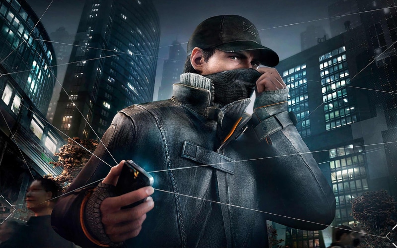 WATCH, indoors, waist up, 2K, gas mask, men, one person, communication, mask, standing, front view, illuminated, Dogs, Aiden, Pearce, security, activity