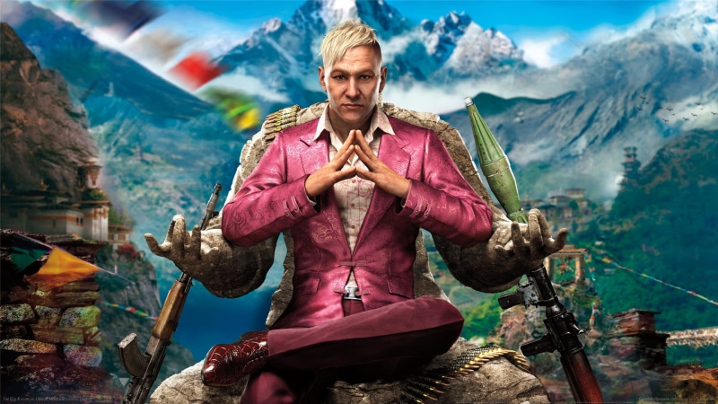 clothing, adult, mountain, front view, Statue, Kyrat, sport, The sky, 1080P, looking at camera, far, cry, young adult, sitting, pink color, digital, spirituality