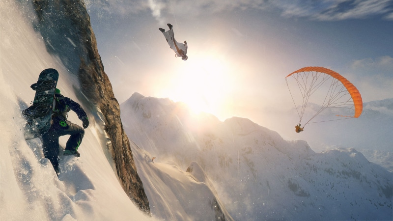 ubisoft, Skydiving, Wingsuit, 4K, Steep, Skydiver, snow, video games, Snowboards, Paragliding, clouds, mountains, sun, Flying, men, Parachutes