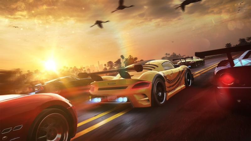 orange color, motor vehicle, Ubisoft, sky, transportation, sunset, driving, cloud - sky, digital, The Crew, nature, street, car, sunlight, land vehicle