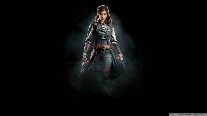 video games, adult, 1080P, clothing, character, portrait, studio shot, one person, female, black background, spotlight, Assassins Creed, Assassins Creed:  Unity