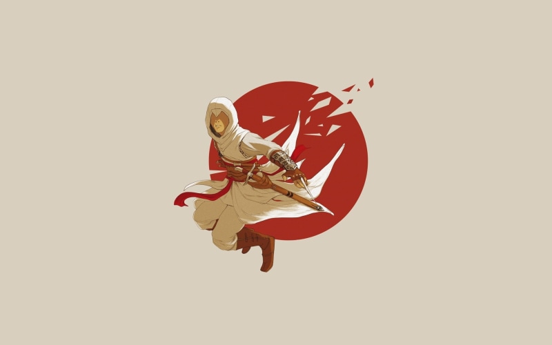ubisoft, red, young adult, mid-air, performance, indoors, skill, vitality, minimalism, studio shot, assassin, simple background, one person