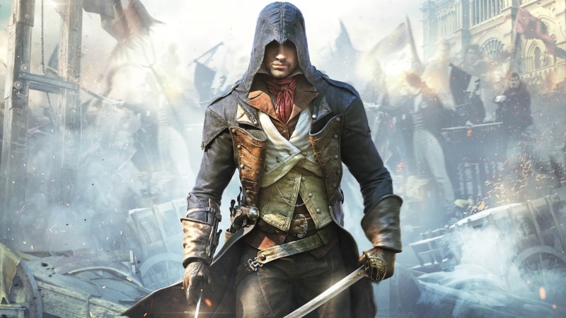 ubisoft, one person, smiling, assassins creed, clothing, standing, lens flare, three quarter length, mid adult, smoke - physical structure, young adult