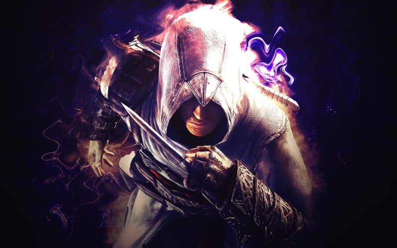 caucasian Ethnicity, people, black Color, gas mask, creed, Flying eagle, danger, black background, fire, men, adult, digital, Assassins Creed, holding