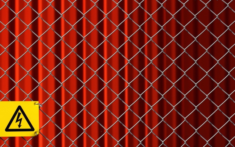 1080P, red background, square, artwork, minimalism, grid, fence, warning signs, curtain