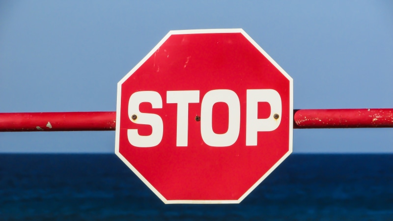 no people, communication, text, warning, single object, 4K, blue, outdoors, stop sign, white color, sign, security, road, warning sign, close-up, octagon
