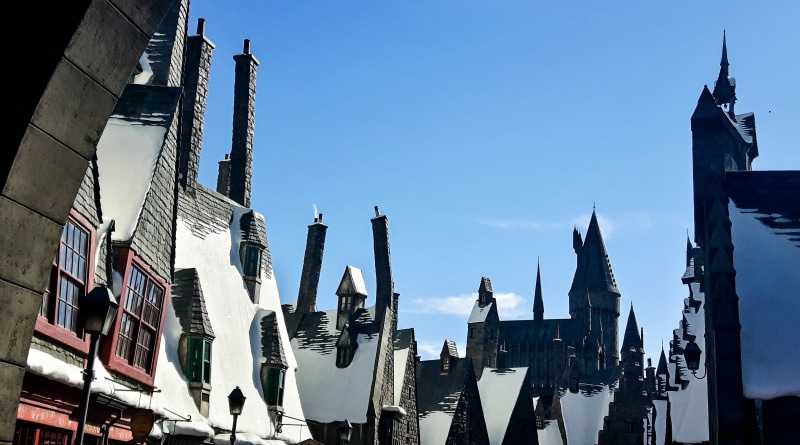 office building exterior, the past, 2K, universal studio, city, türmer, tower, building exterior, diagon alley, architecture, Roofs, blue, cityscape, snow