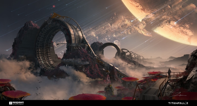 backgrounds, science fiction, travel, motion, mountain, night, landscape, Titanfall 2, outdoors, futuristic, fog, tower, building, building exterior, city