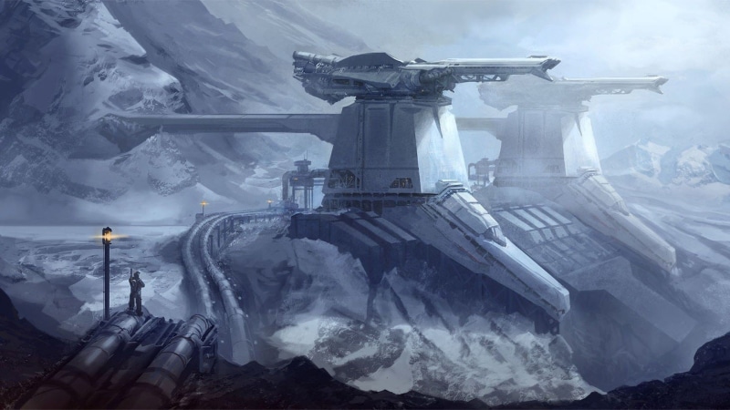 environment, concept art, winter, blue, cold temperature, military, fog, ice, frozen, snow, outdoors, nature, travel, large, day, weapon, artwork, no people