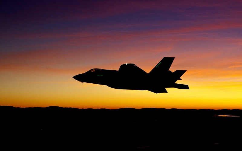 military aircraft, Lockheed Martin F-35 Lightning II, silhouette, 1080P, aircraft, sunset