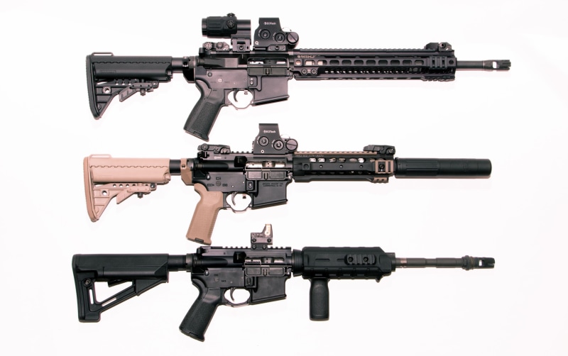 brown, aggression, black color, military, AR-15, three, white background, security, rifles, weapons, communication, home video camera, machine gun, gun