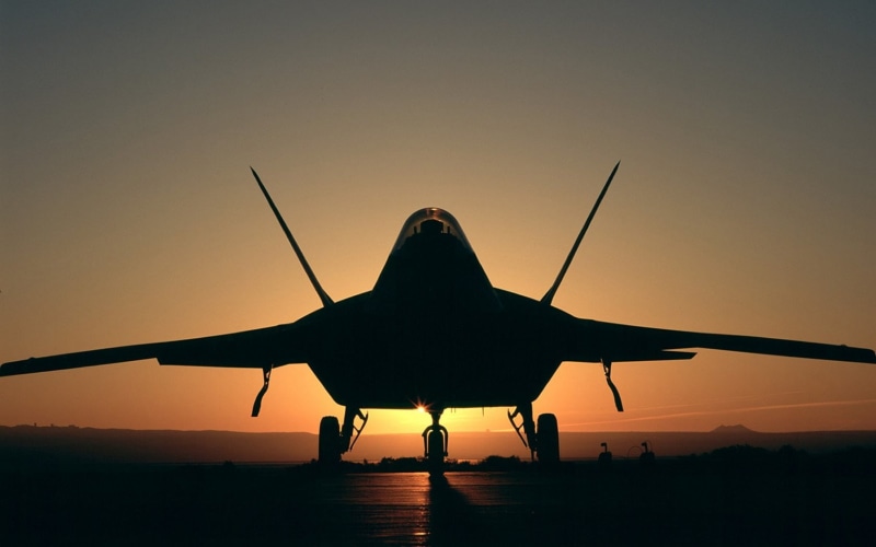 F-22 Raptor, nature, idyllic, mode of transportation, silhouette, scenics - nature, sunset, dusk, no people, sky, air vehicle, aircraft, orange color, 720P
