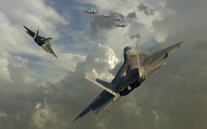 cloud - sky, flying, F-22 Raptor, airshow, day, teamwork, no people, on the move, F-15, military aircraft, low angle view, airplane, transportation, nature