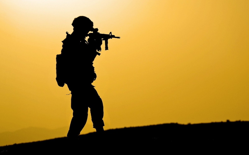 orange color, copy space, holding, 1080P, Assault Rifle, rifle, side view, Military, armed forces, real people, one person, officer, Soldier, Sunrise