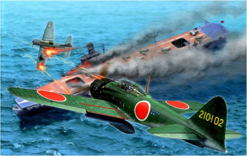 air vehicle, transportation, airplane, communication, outdoors, smoke - physical structure, fighter, Zero, sea, Japan, illustration, aircraft carrier, fire - natural phenomenon