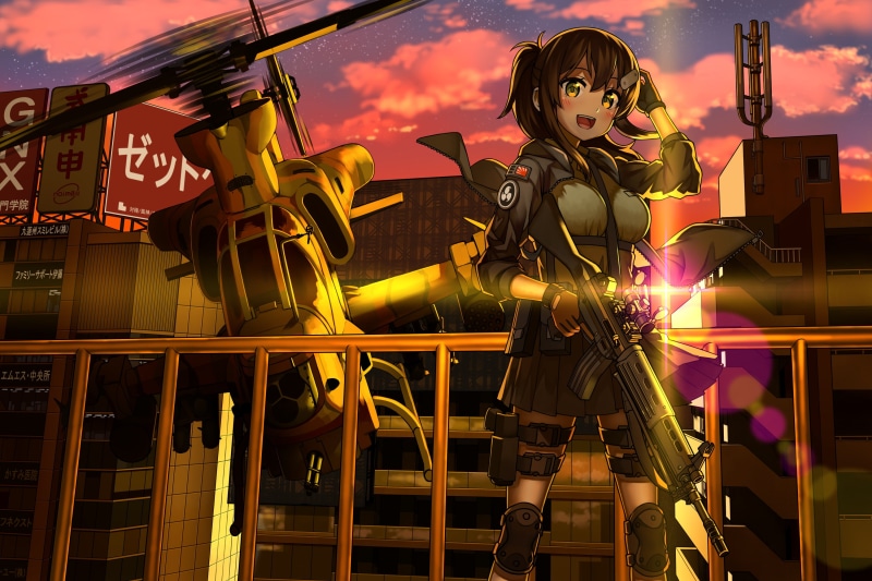 three quarter length, beautiful woman, sunset, anime girl, casual clothing, helicopter, built structure, human representation, illuminated, soldier, smiling