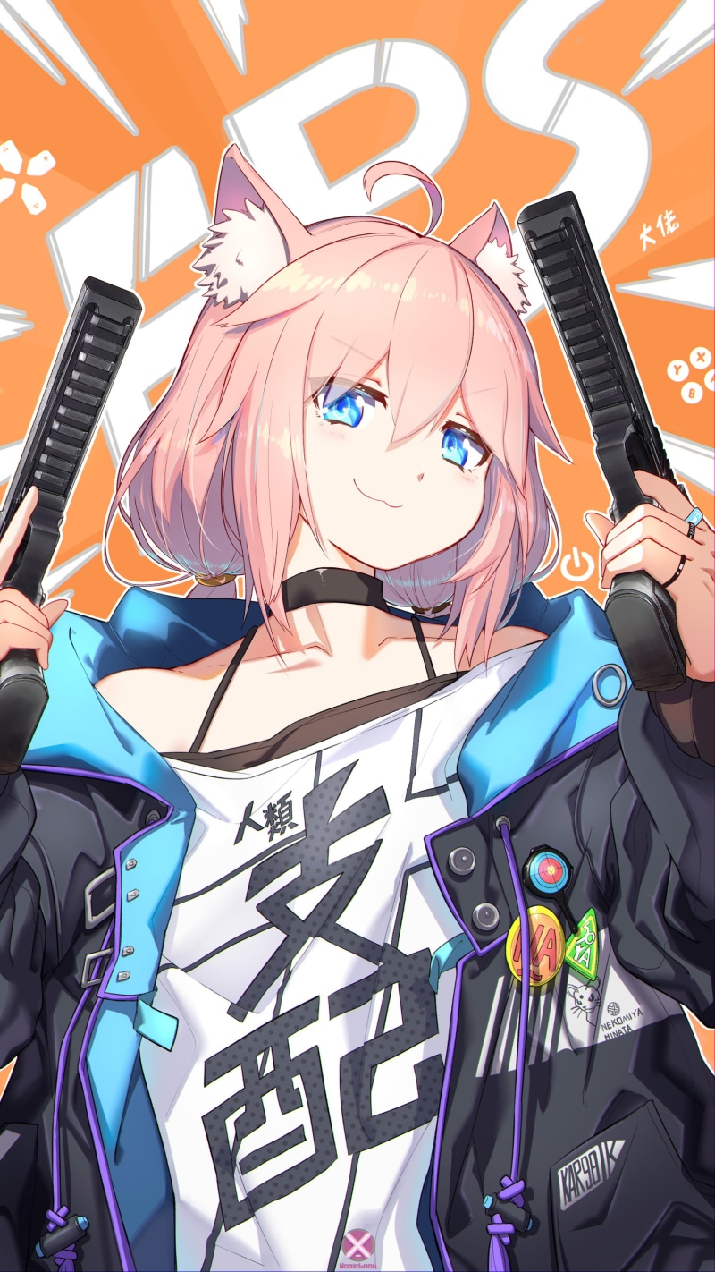 neko ears, anime girls, jacket, portrait display, artwork, pink hair, animal ears, anime, girls with guns, vertical, blue eyes, digital art, weapon, 2K