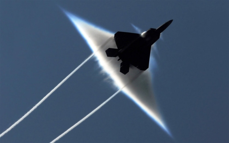 sky, sonic booms, plane, mode of transportation, low angle view, nature, transportation, aircraft, blue, vapor trail, sunlight, day, stealth, F-22 Raptor