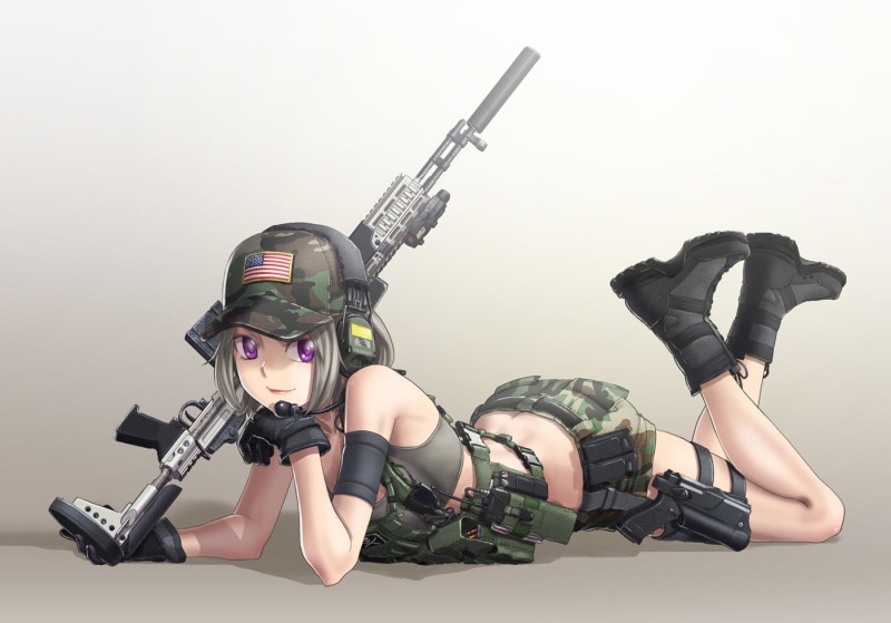 weapon, smiling, anime, 720P, army girl, anime girls, purple eyes, silver hair, gun, short hair, lying on front