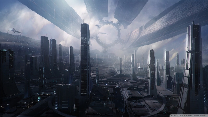video games, building exterior, modern, tower, landscape, Mass Effect, urban skyline, no people, building, sky, architecture, office building exterior