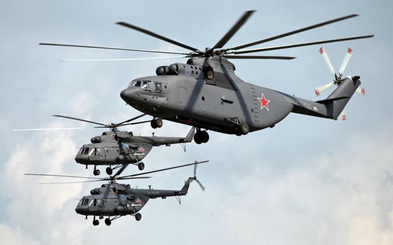 Russian Air Force, three, vehicle, plane, low angle view, air force, unrecognizable person, 1080P, on the move, helicopter, air vehicle, day, mid-air