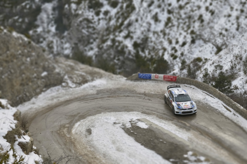 high angle view, land vehicle, snow, VW Polo WRC, outdoors, focus on foreground, day, toy, transportation, rock, hairpin turns, no people, 4K, car, drift