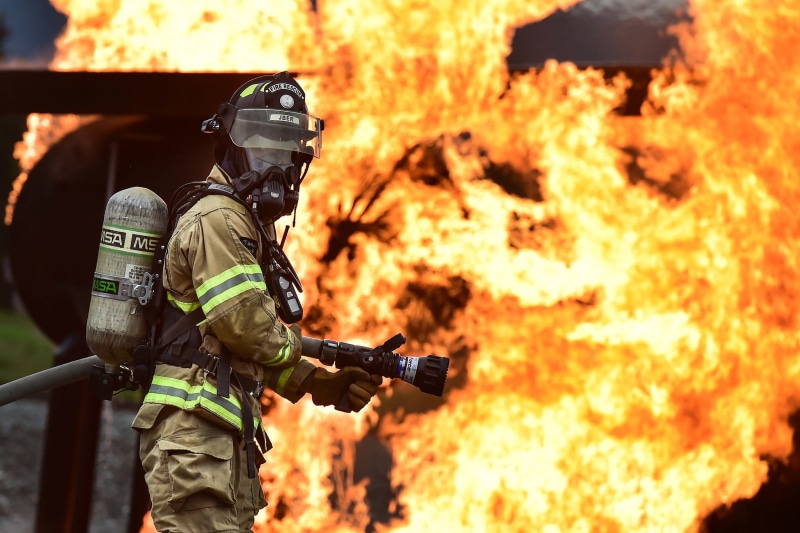 nozzle, occupation, burning, fire hose, protective workwear, mask, risk, heat - temperature, spraying, fireman, training, accidents and disasters, flame
