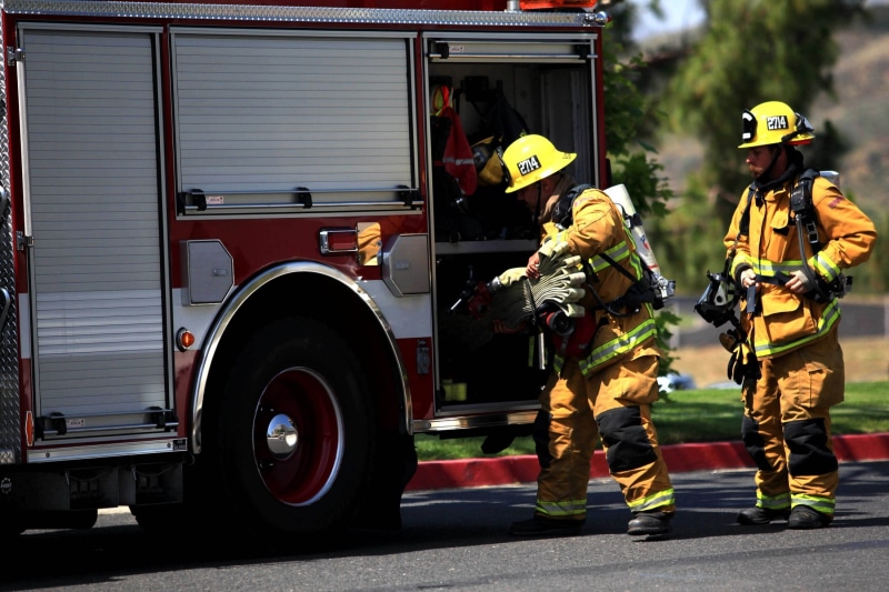 rescue worker, clothing, fire engine, protection, safety, near, controlled, full length, fire truck, occupation, security, firemen, accidents and disasters
