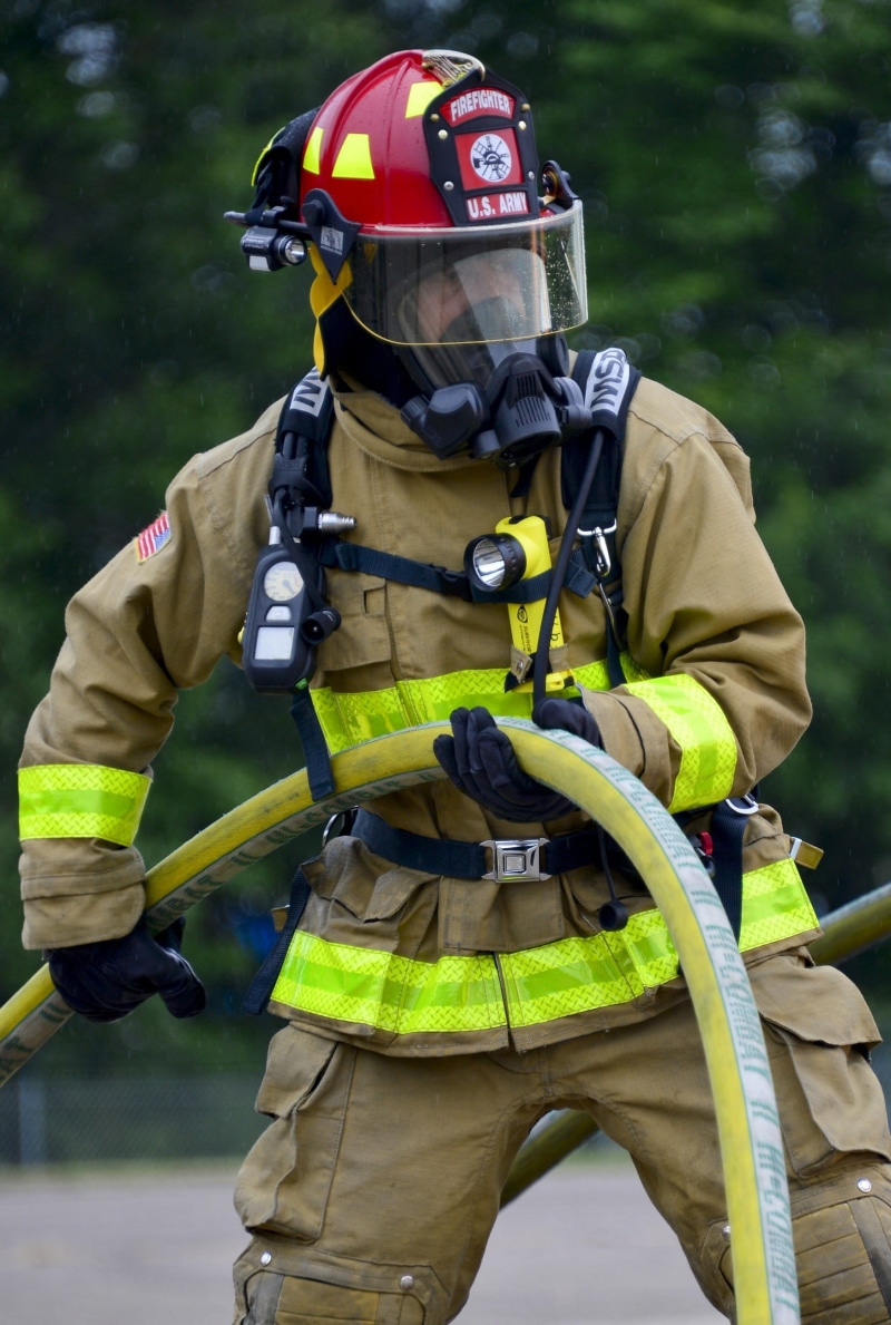 occupation, fireman, day, real people, heat, Fire, mid adult, outdoors, hose, protective Workwear, monitor, Firefighter, helmet, work Helmet, safety, bunker