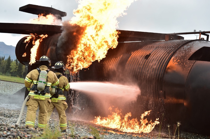 teamwork, firefighter, live, burning, training, controlled, hose, plane, flame, adult, water, uniform, air force, emergency equipment, fire hose, job, nature