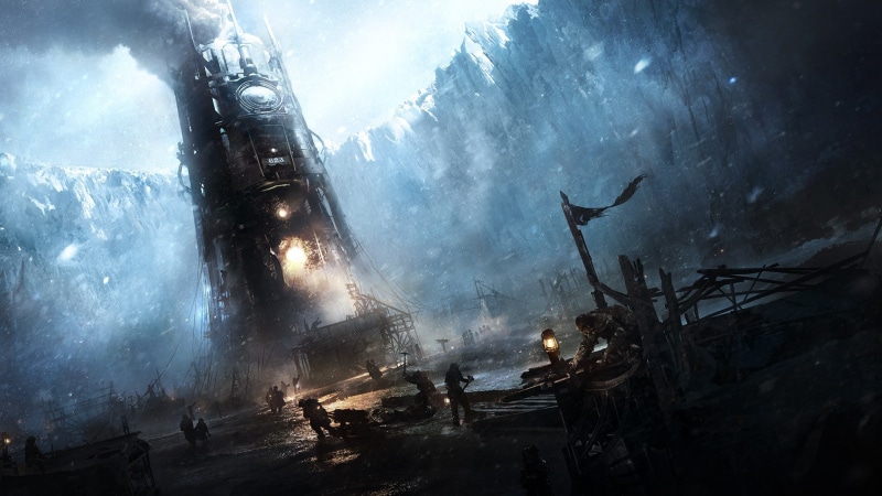Frostpunk, smoke - physical structure, 1080P, industry, burning, tree, video games, religion, people, nature, sky, low angle view, illuminated, real people