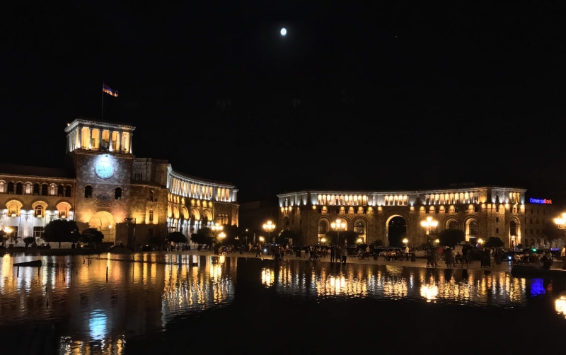 government house 2, city, building exterior, illuminated, building, republic square, built structure, yerevan, river, 4K, reflection, moon, travel, outdoors
