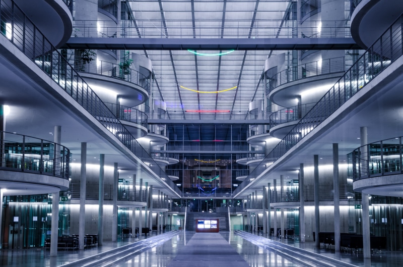 architectural column, shelf, building, germany, footpath, government, flooring, Bundestag, empty, direction, glass - material, berlin government, glass
