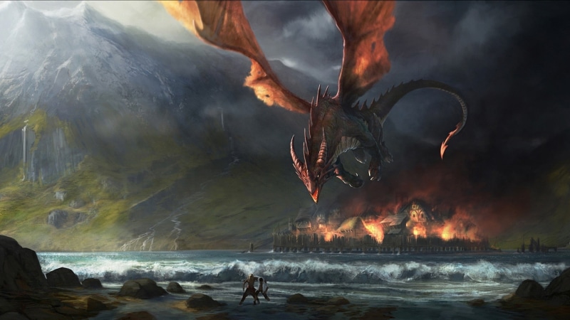 full length, communication, water, smoke - physical structure, adult, motion, Smaug, sky, environment, fantasy Art, The Lord Of The Rings, beauty in nature