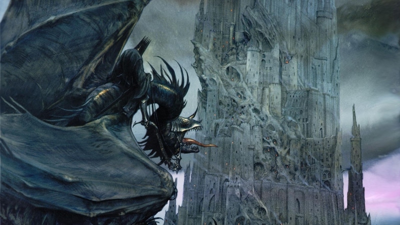 The Lord of the Rings, Witchking of Angmar, dragon, fantasy art, castle, John Howe, tongues, Nazgûl, Barad-dûr, flying, 1080P, J. R. R. Tolkien, digital