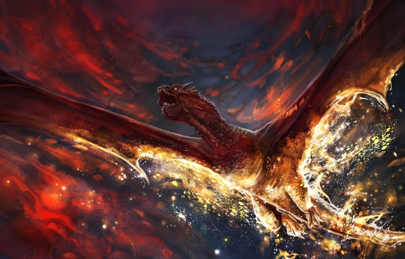 water, orange color, animal themes, digital art, no people, marine, artwork, outdoors, swimming, mouth open, 1080P, fire, animal, Smaug, dragon, one animal