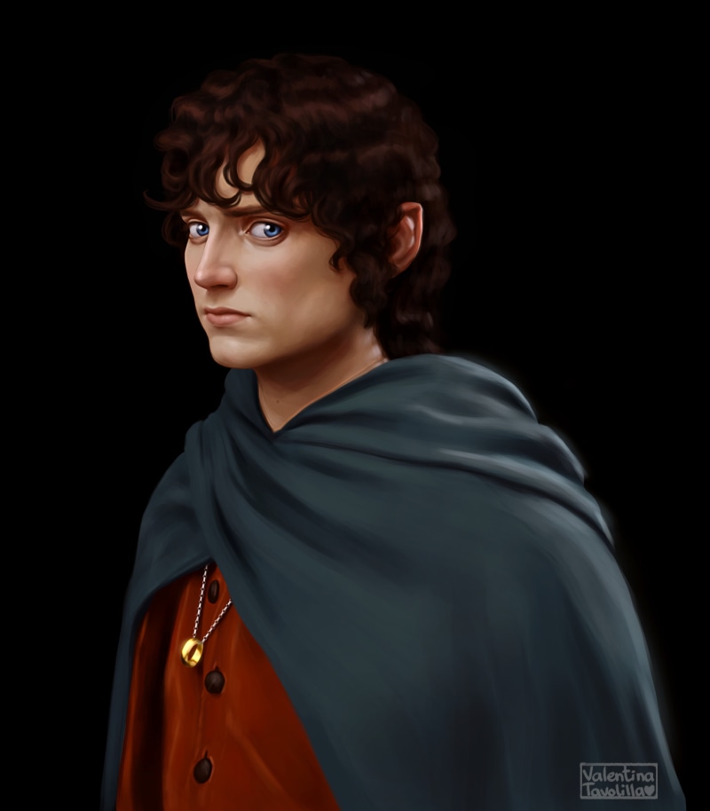 artwork, J. R. R. Tolkien, Hobbits, Frodo Baggins, portrait, Valentina Tavolilla, The Hobbit, portrait display, 4K, Middle-earth, looking at viewer, digital art
