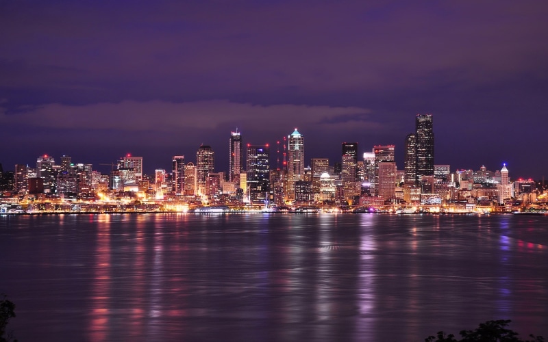 City, Night, 1080P, Lights, Seattle, USA, River, Buildings, Washington