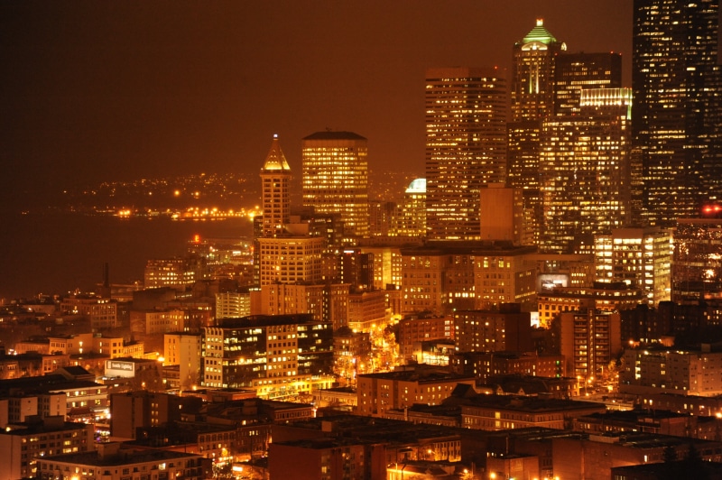 4K, washington, city, built Structure, city building, sunset, amazon.com, cityscape, night, cars, Glowing, attractive, 13th, Seattle  Washington, fire
