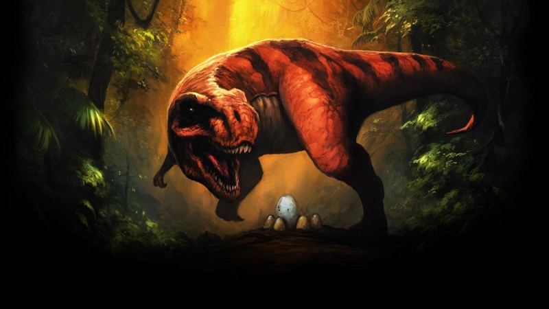 dinosaurs, Tyrannosaurus rex, 1080P, sunlight, mammal, plant, animal, canine, tree, painting, brown, no people, nature, outdoors, protecting, dog, motion