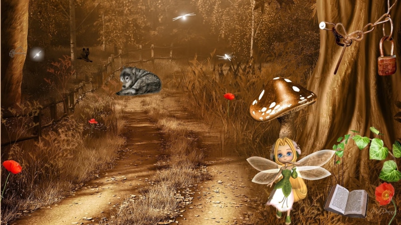 poppies, mushrooms, 1080P, fantasy, protect, fairy, mysti, book, forest, dragonflies, browns, firefox persona, trees