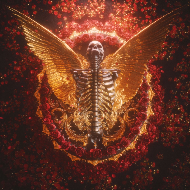 billelis, skull, red, gold, 1080P, flowers, death, dark, religion