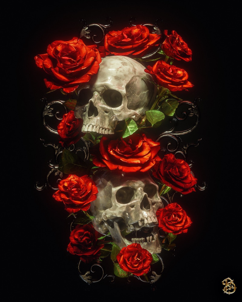 billelis, death, red, flowers, skull, 1080P, dark, religion
