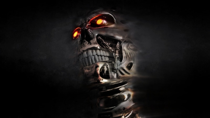 one person, movies, motion, illuminated, smoke - physical structure, nature, studio shot, mystery, creativity, black background, skull, T-800, dark, endoskeleton